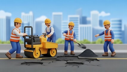 Construction workers repair road with asphalt and steamroller, 3D render