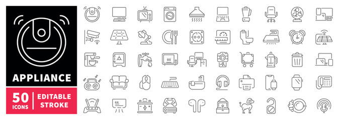 Appliance icons set. editable line icons, outline, home electronics, smart devices