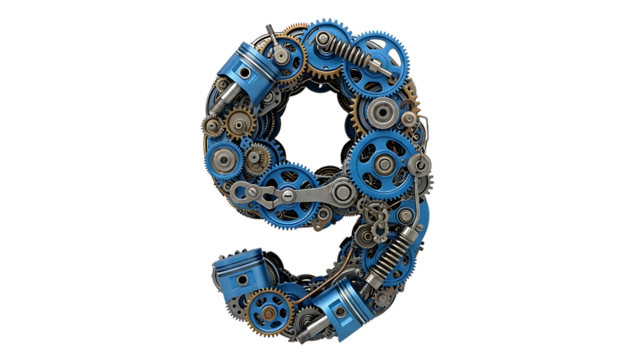 Creative gear number nine isolated on transparent background - Powered by Adobe
