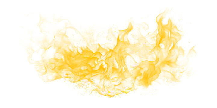 Dynamic golden yellow flames vibrant smoky texture with glowing sparks against a pure black background abstract fiery