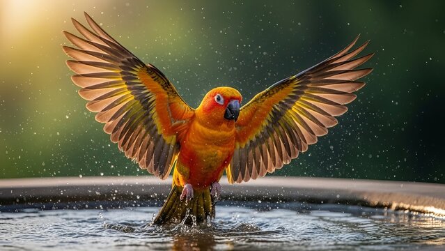 Vibrant sun conure parrot splashing water with outstretched wings in a refreshing bath