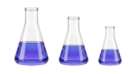 Three Laboratory Flasks with Blue Liquid on White Background