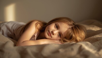 Obraz premium Image of a girl resting on a bed at home.png
