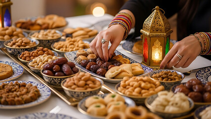Fototapeta premium Hands choosing diverse traditional sweets, dates, and nuts from a festive table, embodying cultural celebration, community, and the joy of sharing during special gatherings
