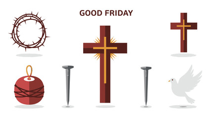 Good Friday Symbols Including Cross Crown of Thorns Nails and Dove