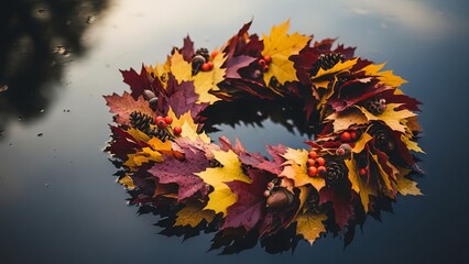 Beautiful autumn wreath crafted from colorful leaves and pinecones floats on dark water