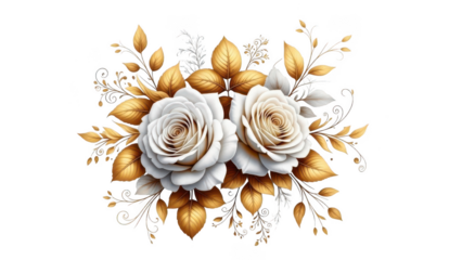 Elegant white roses with golden accents isolated on transparent background, isolated on white background, illustration