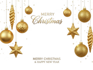 Elegant golden christmas ornaments isolated on transparent background