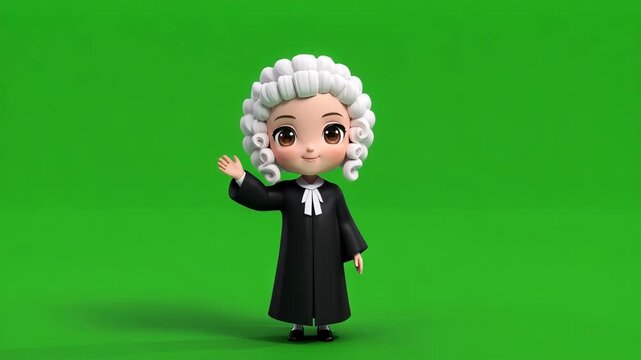 Cute 3D cartoon character of judge waving on green background