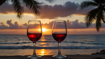 Romantic Wine Glasses at Sunset Tropical Beach and Ocean View