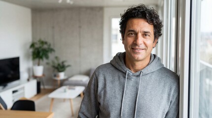Fototapeta premium Smiling Man in Grey Hoodie Posing Confidently in Modern Home Living Room