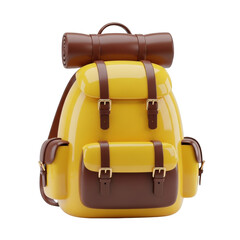 Vibrant yellow hiking backpack with brown leather accents and sleeping bag