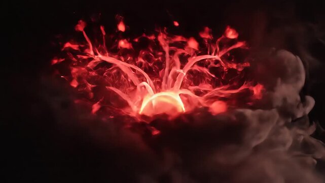 Mesmerizing Red Plasma Ball with Electrical Discharges and Smoke Effects on Dark Background.