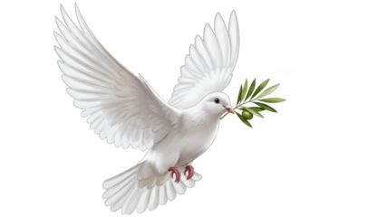 White dove carrying olive branch isolated on transparent background, isolated on white background, illustration