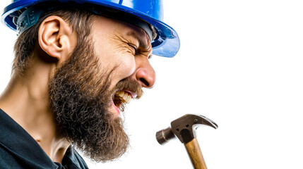 A man with a beard and mustache is wearing a blue hard hat and holding a hammer with his mouth open as if he is shouting or singing