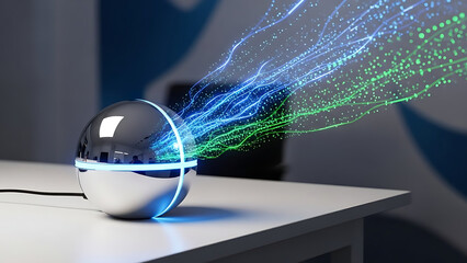 Futuristic device emitting blue and green particles isolated on white background