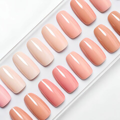 Glossy acrylic nail samples in nude and pink tones, neatly arranged.