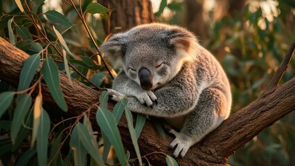 Fototapeta premium Peaceful koala sleeping soundly nestled on a eucalyptus tree branch bathed in warm sunlight.