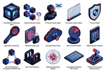 Isometric 3D icons set for cybersecurity, data privacy, preemptive defense, AI security, confidential computing and digital trust