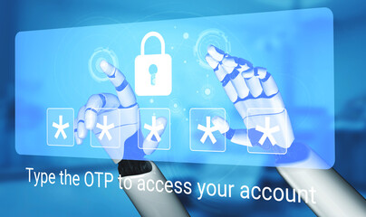 Robotic hands engage with a high-tech digital interface, showcasing a secure lock and OTP entry for safe online account access in a futuristic environment. Gantry