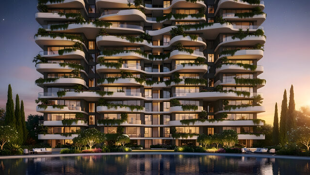 Modern multistory residential building with balconies and greenery at dusk near a serene pool