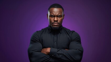 Obraz premium Image of a doubtful African American man with crossed arms and a frown against a purple backdrop.png