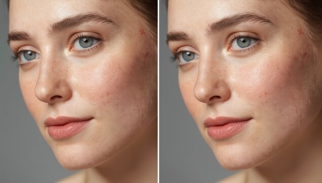 Redness from rosacea on a young woman's sensitive skin, featuring red spots on her cheeks, shown in a close-up of her face before and after treatment.png