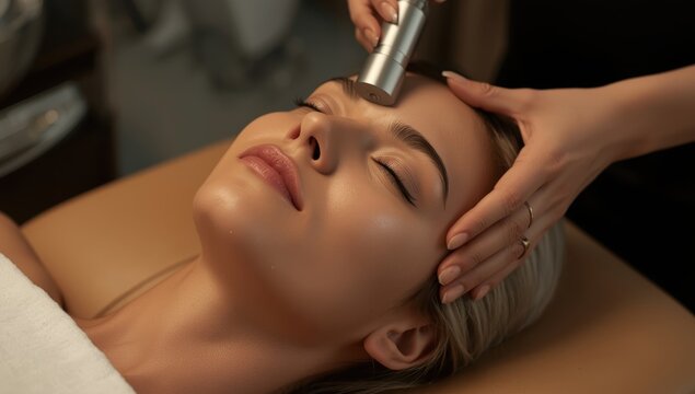 A young woman enjoys a vacuum facial hydro-peeling treatment at a beauty salon, focusing on pore cleansing in close-up.png