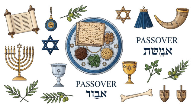 Passover Seder plate with traditional Jewish symbols and matzah olive branch