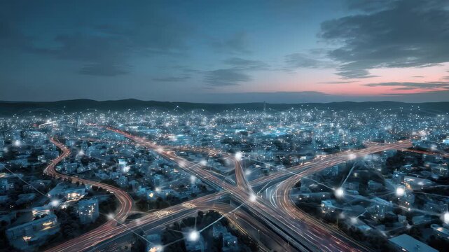 Smart city network concept illustrates digital connections transforming urban living at dusk with illuminated streets and traffic flow in a modern city landscape