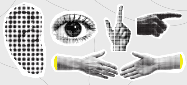 Collage of human sensory organs and hands in various gestures, illustrating communication and perception.