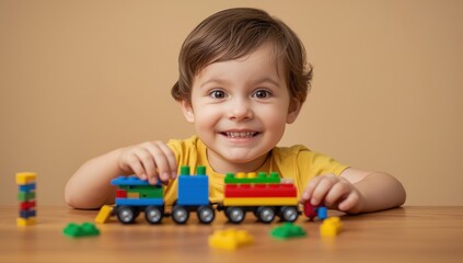 Fototapeta premium Image of a young child engaging with vibrant plastic blocks at a table, enjoying constructing a train. Early development toys.png