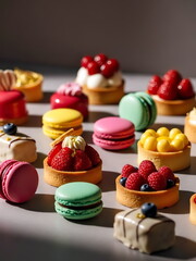 Colorful and delicious sweets and tarts on the table.