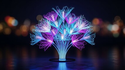 Abstract glowing floral sculpture illuminates a futuristic urban nightscape