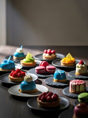 Colorful and delicious sweets and tarts on the table.