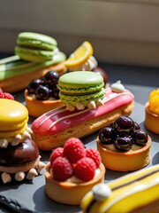 Colorful and delicious sweets and tarts on the table.
