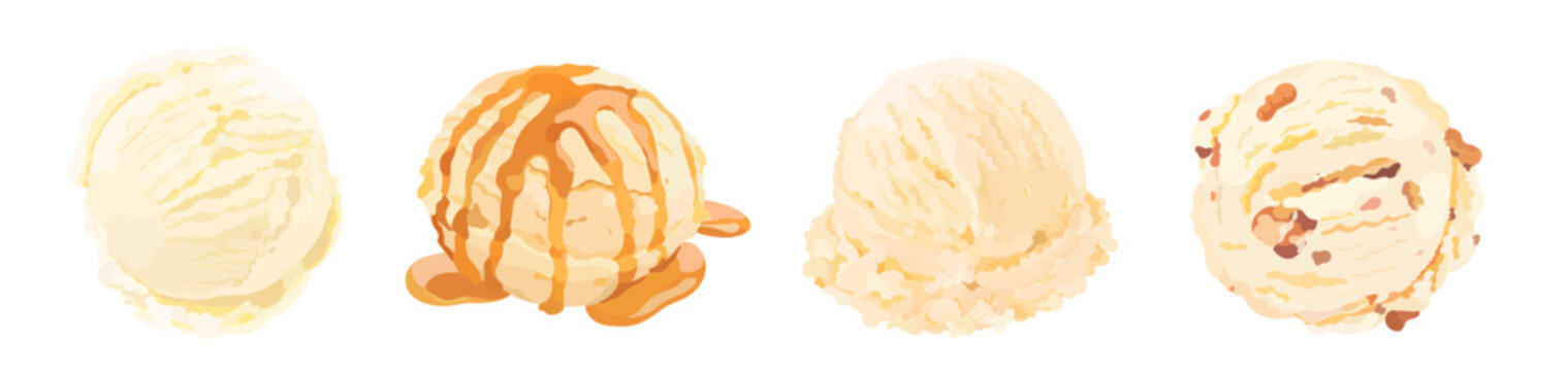 Set of cartoon vanilla and Pralines' n ice cream scoop with fruits and nuts, topped with a caramel syrup. Summer dessert illustration isolated on white. Perfect for menu, packaging and dessert design.