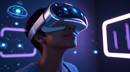 Person Wearing VR Headset with Futuristic Holographic Interface in Dark Room