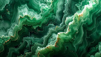 Close-up of green malachite mineral with banded concentric patterns and golden-brown edges.