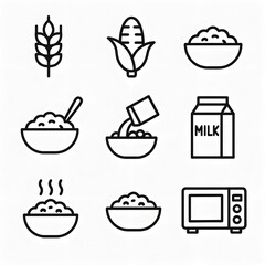 ​"Breakfast, oatmeal and cereals editable stroke outline icons set isolated on white background flat vector illustration."
