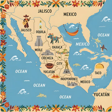Decorative Mexico Cartoon Map with Cultural Landmarks and States