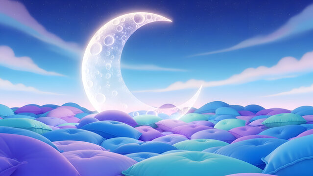 A dreamy illustration of a crescent moon shining over a field of colorful clouds,  representing fantasy and imagination