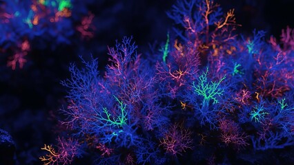 Fototapeta premium Vibrant bioluminescent coral reefs glow with otherworldly colors in deep ocean darkness.