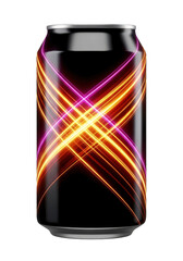 Dark beverage can with vibrant swirling light streaks isolated on transparent background