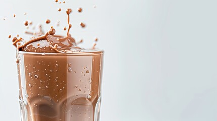A glass of chocolate milk shows swirling foam and droplets as it is filled in a well-lit kitchen