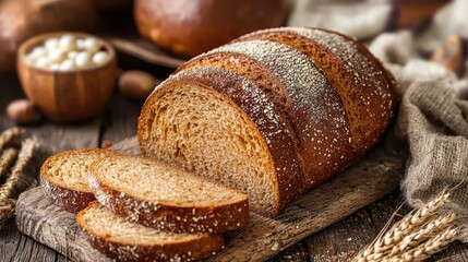 A loaf of sliced bread with a grainy crust on a rustic wooden table with a rustic wooden background.