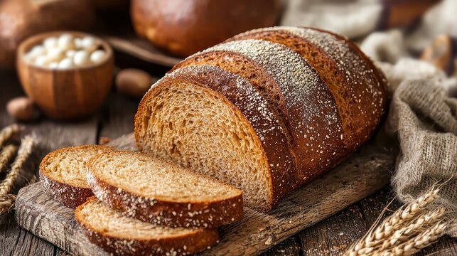 A loaf of sliced bread with a grainy crust on a rustic wooden table with a rustic wooden background.