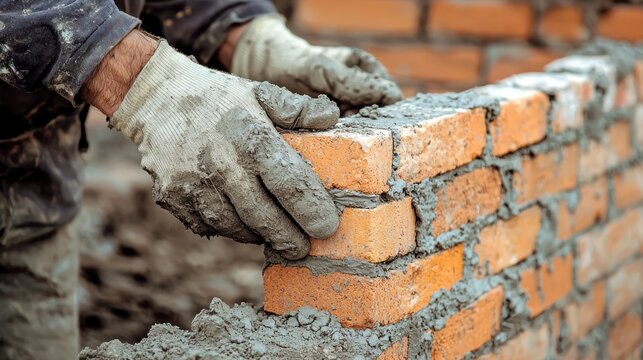 A brick wall being constructed by a worker. The brickwork concept of construction and craftsmanship.