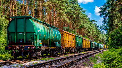 A long green and yellow train traveling through a forest