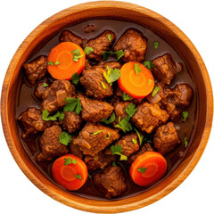Hearty beef stew with carrots and herbs isolated on transparent background